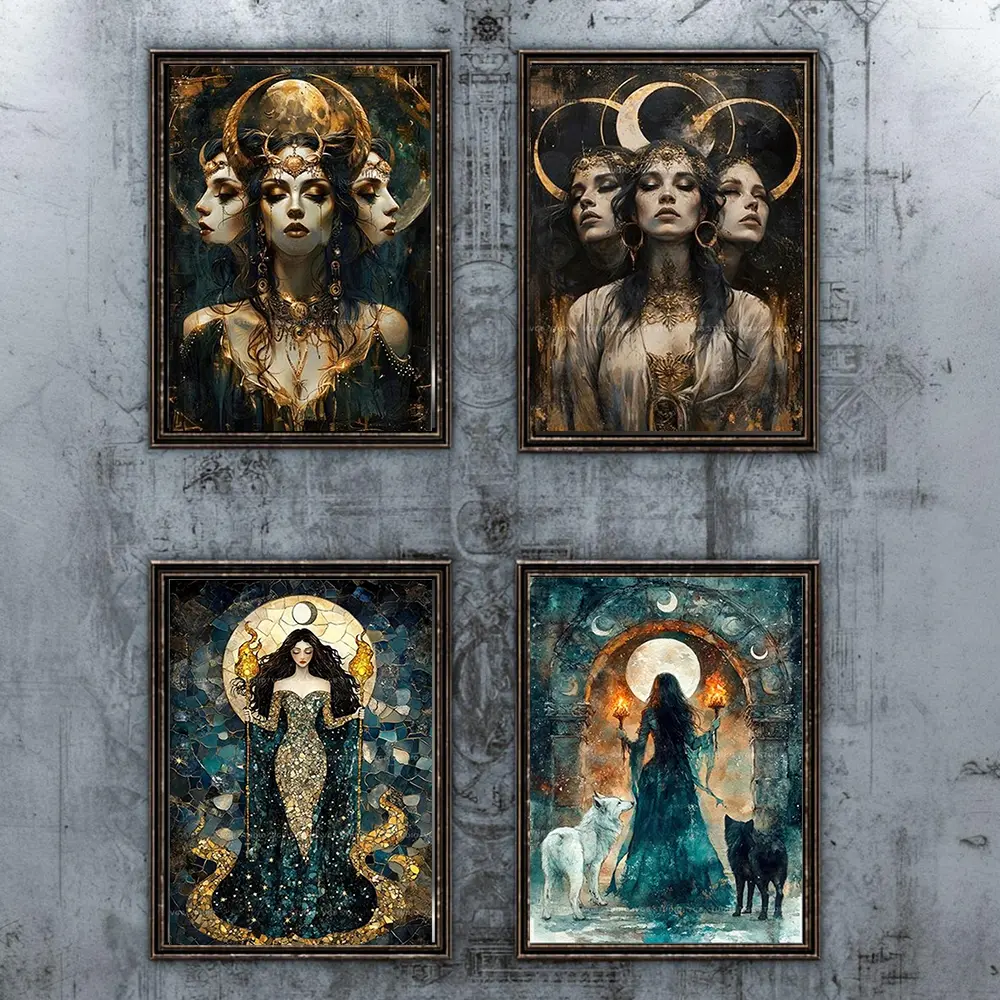 Hecate Witch Wall Art, Vibrant Moon Goddess Print, Vintage-Inspired Witches unframed poster, Dark Academia, Dark Gothic Decor for Home Library