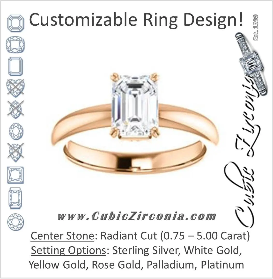 Cubic Zirconia Engagement Ring- The Marie Rosalind (Customizable Radiant Cut Solitaire with Tooled Trellis Design)