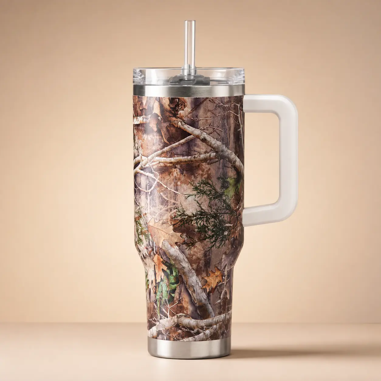[Fast Ship] - 40oz Woodland Camo Tumbler with Handle & Straw, Forest Hunting Design Insulated Travel Cup