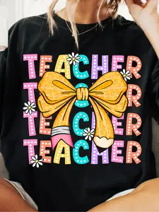 Women's Vintage Teacher T-Shirt - Loose Fit Short Sleeve Top with Polka Dot & Floral Bow & Pencil Collar, Teacher Apparel Gift, Back-to- Outfit, Spring Summer Fall Casual Blouse for Educators