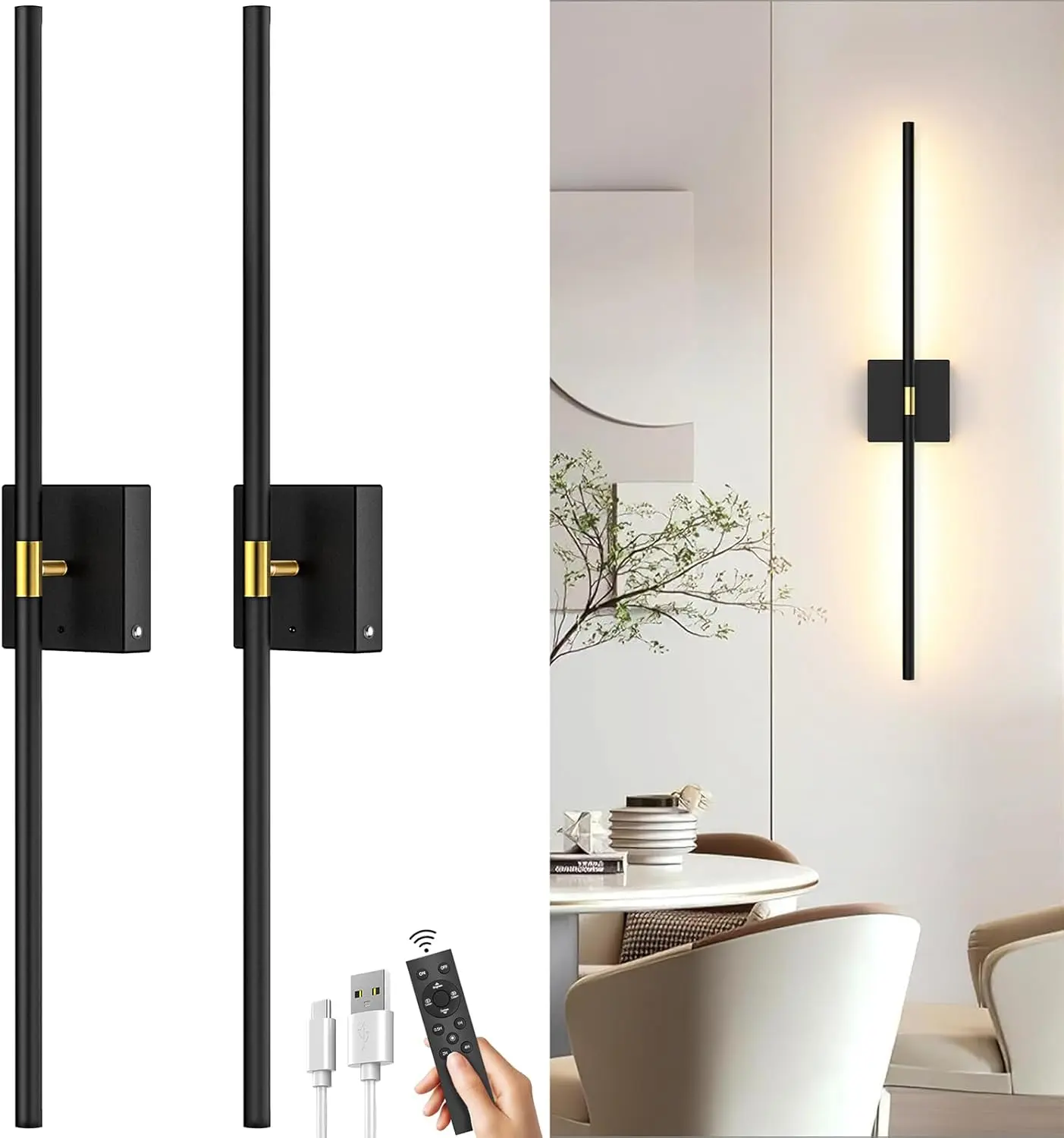[Summer Finds] Upgrade Metal Material Battery Operated Wall Sconces Set of 2: 10000mAh Rechargeable Wireless Wall Lights, 360° Rotatable Magnetic Wall , 4CCT Dimmable LED Wall Lighting for Bedroom Living Room Hallway, 31.7in shower lamp