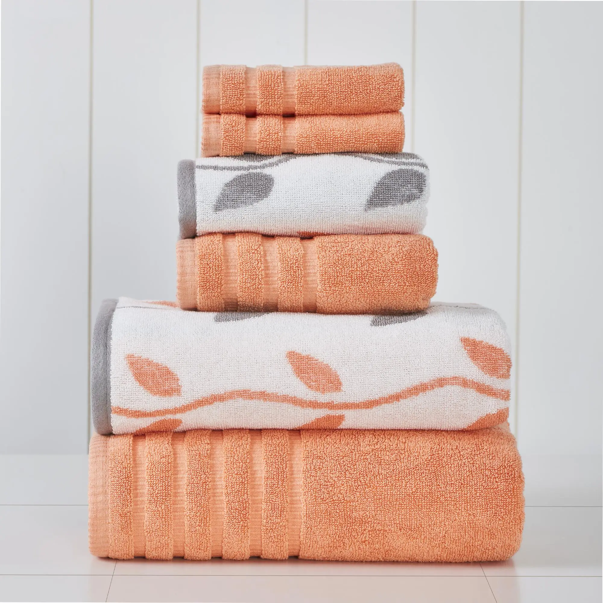 Modern Threads Unisex 6-Piece Organic Vines Cotton Bath Set - Fluffy, Coral, Plant Motif, Water Absorbent, Reversible, Includes Hand & Face Towels for Bathroom Home Supplies
