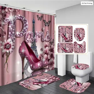 1/3/4PCS Glamorous Paris themed High heel Shoe with Flowers and Butterflies Shower Curtain Set with Rugs, Non Slip Bath Mat, U-Shape Carpet, Toilet Lid Cover, Bathtub Curtain Accessories, 12 Hooks, Home Bathroo