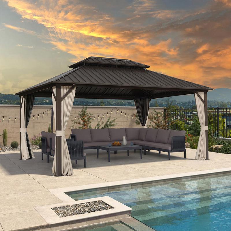 PURPLE LEAF Outdoor Hardtop Gazebo Bronze Metal Frame Galvanized Steel Double Roof with Curtains and Netting for Patio Desk Backyard
