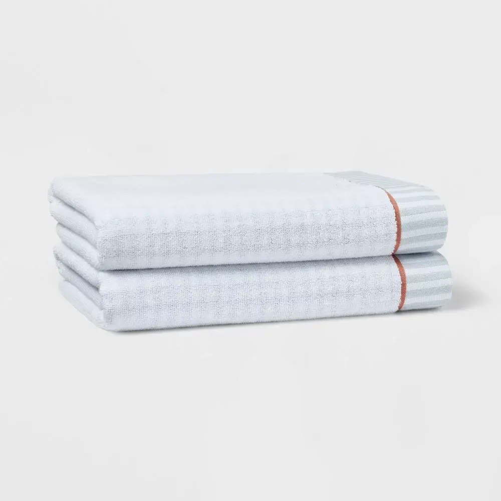 2pc Traditional Gingham Plaid Bath Towel Blue- Threshold