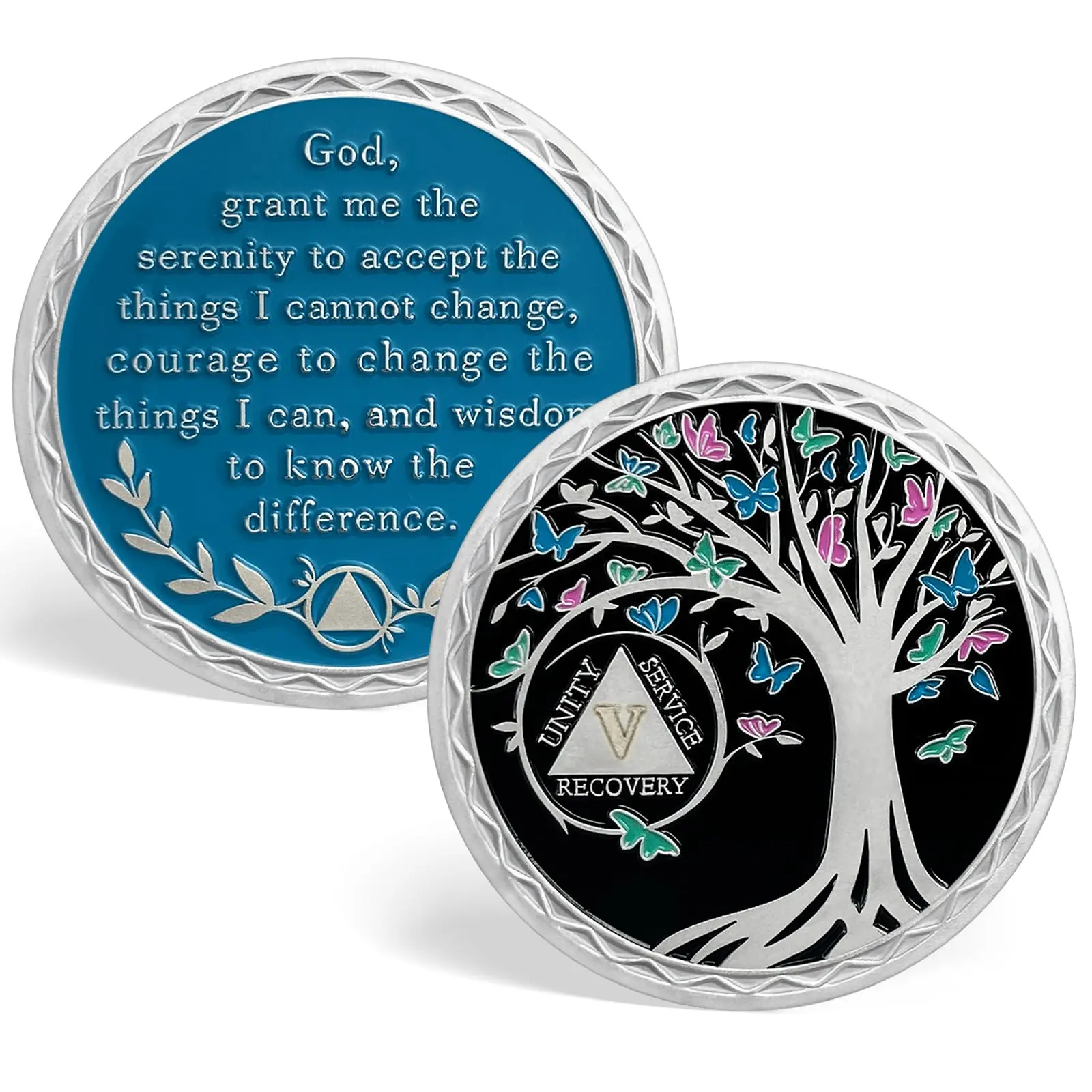 1-5 Year Sobriety Coin - Colorful Tree of Life Recovery Medallion with Serenity Prayer, Butterfly Design, Inspirational Adult Decor for 12 Step Meetings, Room Decor Statue, Milestone Gift & Daily Reminder