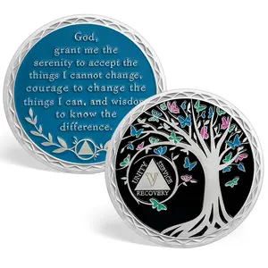 1-5 Year Sobriety Coin, Tree of Life Recovery Medallion with Serenity Prayer and Butterflies, Sober Anniversary Gift for 12 Step Recovery Milestone and Daily Reminder