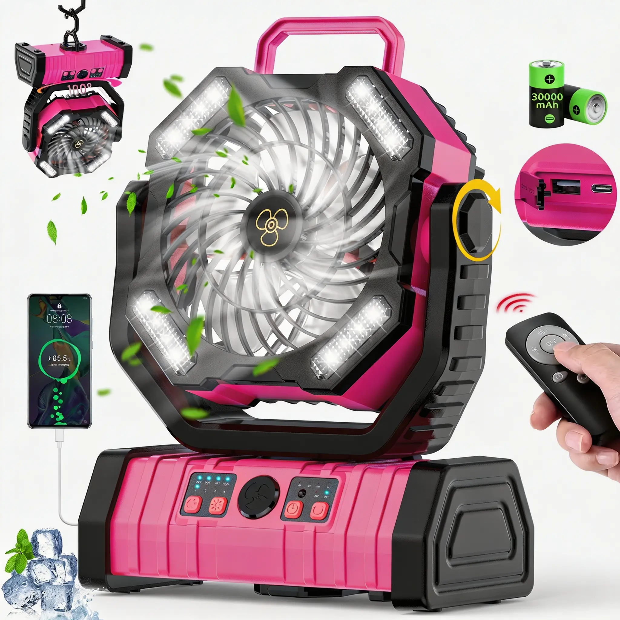 30000mAh Battery Operated Fan with Remote, LED Lantern & Power Bank. Quiet Oscillating Portable Fan for Soccer Mom, Camping, Nursery & Skincare. 2026 Summer Must-Have for Travel & Emergency.Perfect Mother’s Day Gift for Outdoor Mom & Hurricane Prep.