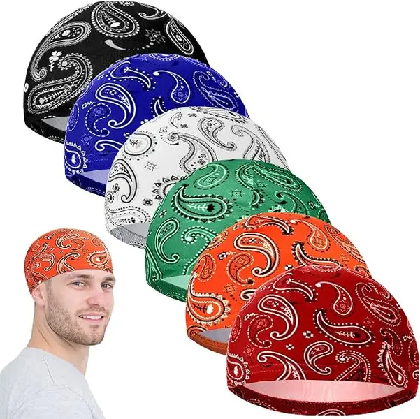 Men's 6pcs Paisley Print Milk Silk Skull Caps - One Size, Sweat-Wicking, Cooling, Breathable, Stretch Fit Helmet Liners, Outdoor Sports Fashion Accessories for Cycling, Running Gifts hat