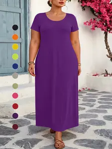 Plus Size Solid Maxi Dress, Short Sleeve Crew Neck Casual Dress with Pockets, Loose Fit to Hide Hips & Tummy