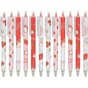 12pcs Cute Strawberry Pens Black Gel Ink Pens Retractable 0.5mm Nice Mother's Day Gifts Fun Pen for Kids Girls Boys Christmas Gifts