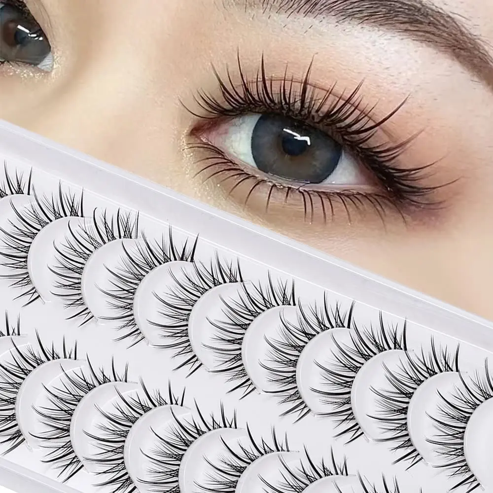 Manga Lashes Natural Look Japanese Anime Lashes Korean Asian Wispy Spiky Lashes with Clear Band Short Fake Eyelash 10 Pairs Pack