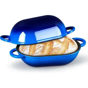 Enameled Cast Iron Bread Loaf Pan, 2 QT Oval Dutch Oven with Lid for Sourdough Bread Baking, Enameled Meatloaf Loaf Baking Pan with Lid, Even Heat Distribution & Self-Basting, Blue