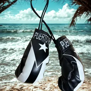 Puerto Rico Flag Mini Boxing Gloves Set for Car Mirror - Black & White Design