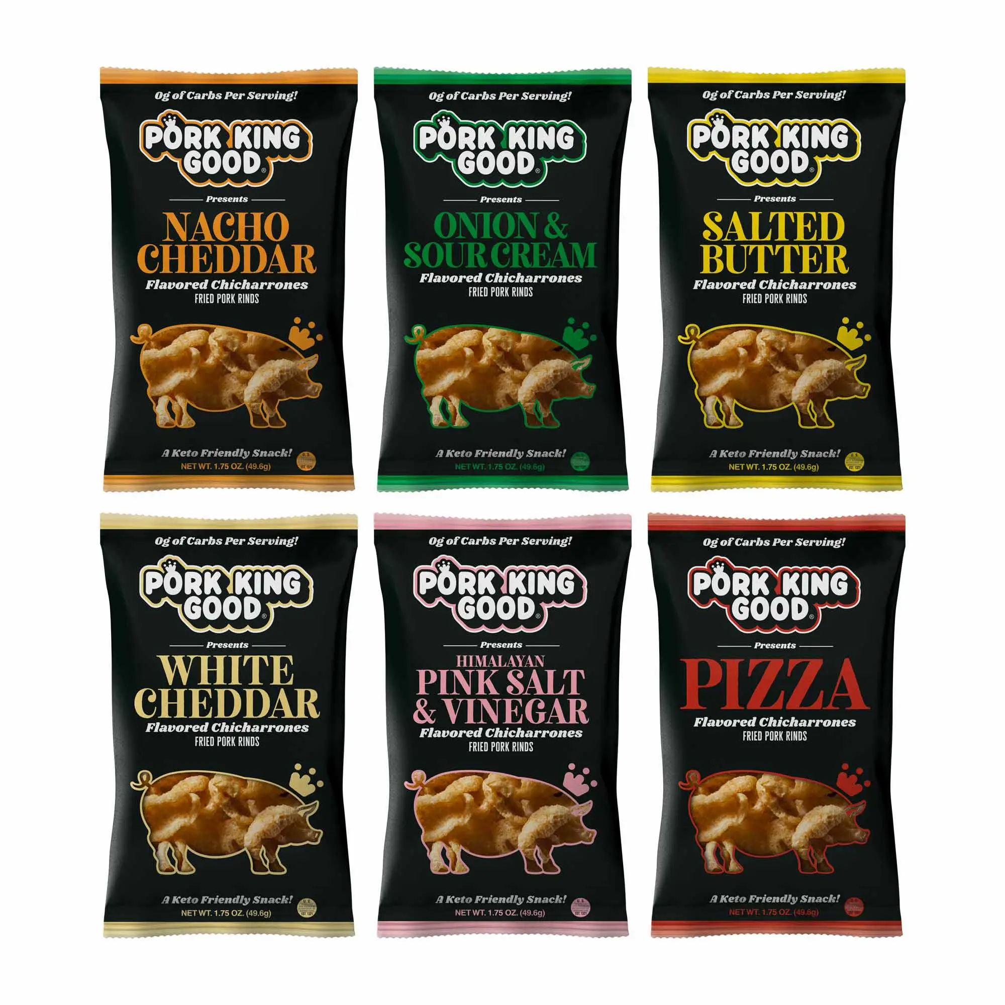Pork King Good Pork Rinds Variety 6 Pack - 0g Carbohydrates Flavored Chicharrones