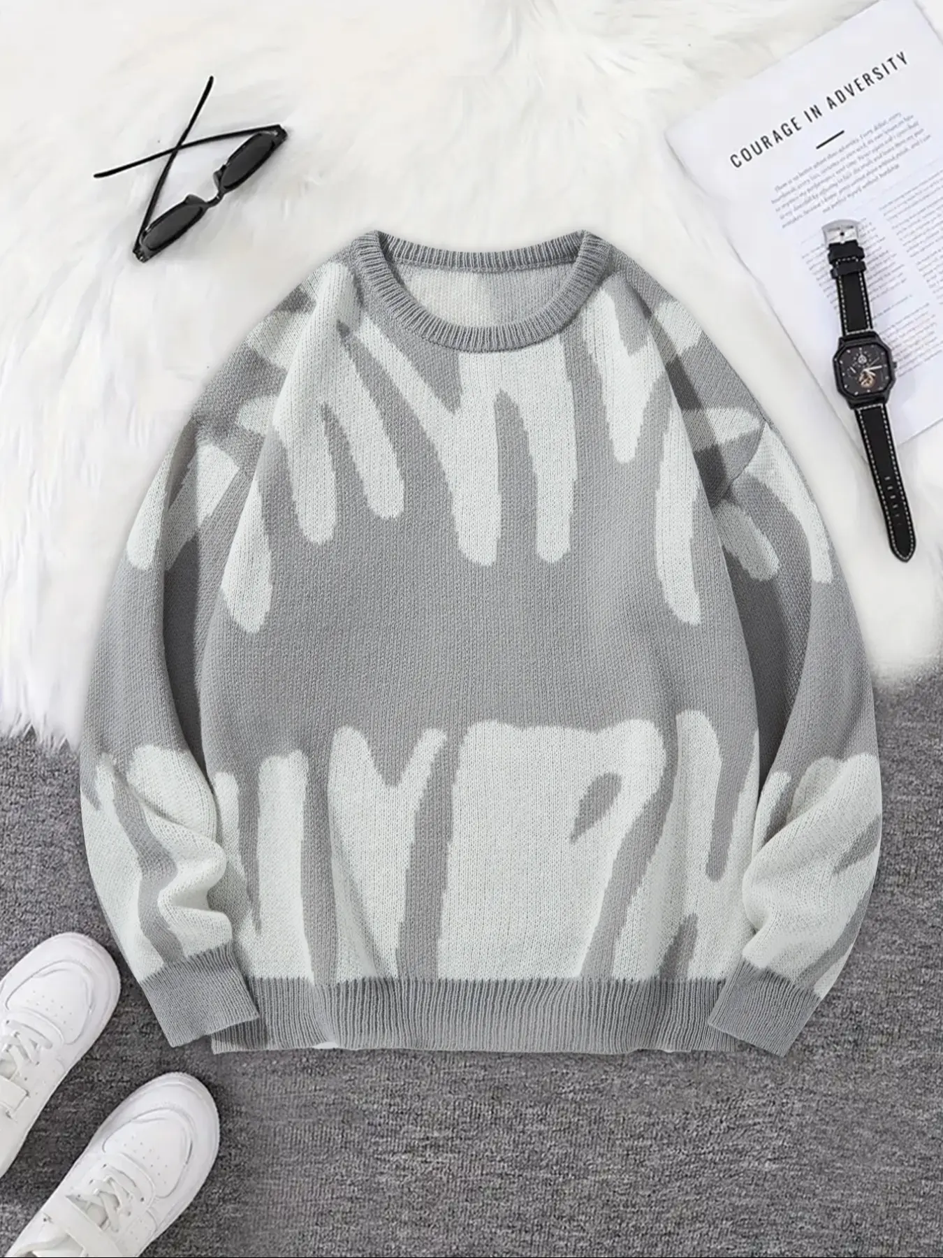 Men's Halloween Print Drop Shoulder Sweater, Fashion Fitted Round Neck Pullover, Casual Knit Top for Spring & Fall，Unisex 2226