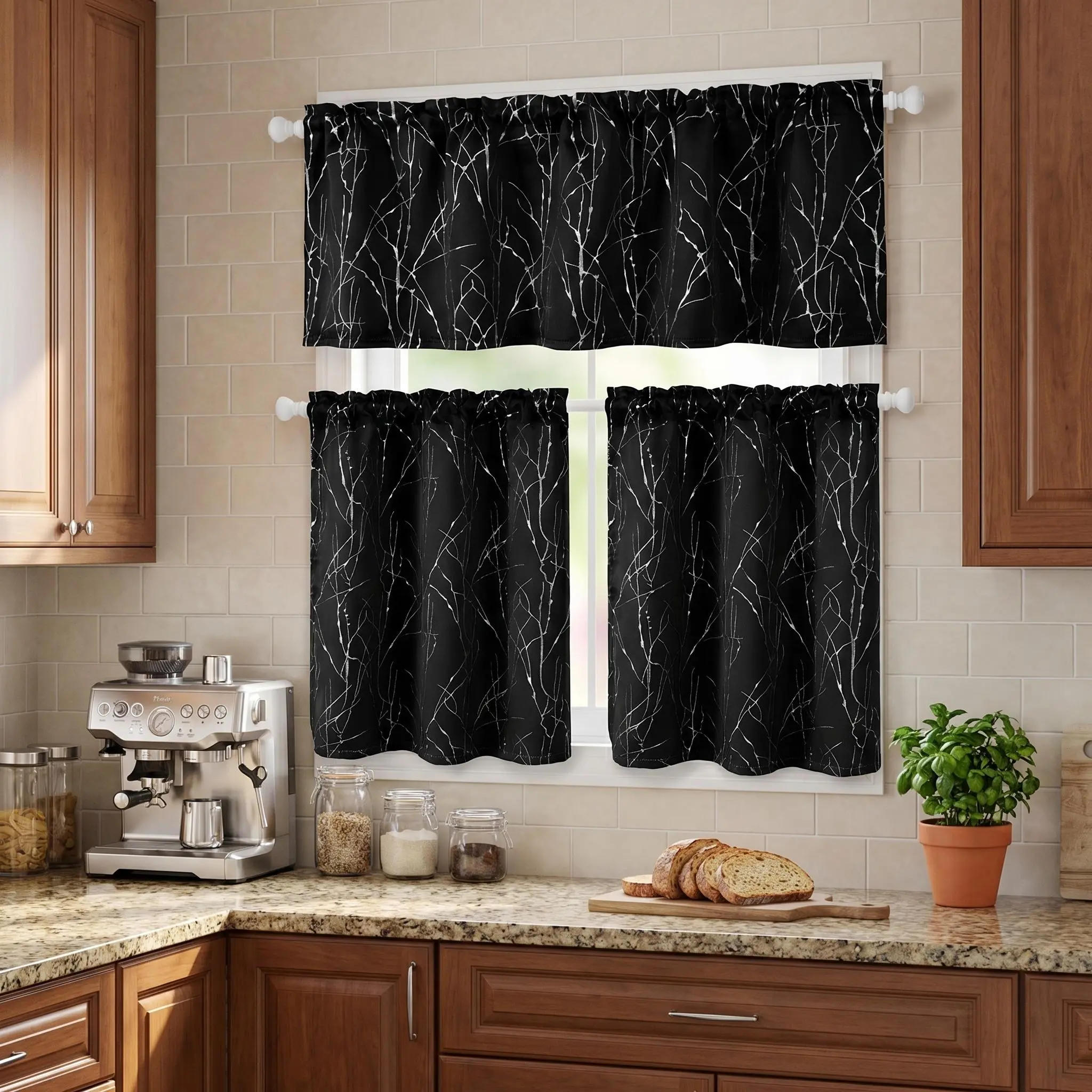 3 Pcs Polyester Blackout Cloth Window Curtain Valances - Traditional Branch/Plant Print Thermal Insulated Rod Pocket Valances, 1x52x18+2x26x36 in, Fading Resistant for Living Room, Kitchen Home Textile Decor FT24791 Curtaintrack