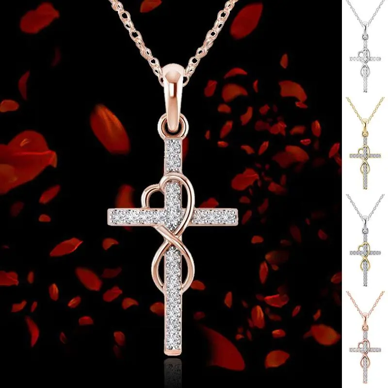 Gold-Tone Infinity Cross Necklace, Unisex Costume Jewelry in Alloy with Diamond Accents and Adjustable Extension, Adjustable Extension Necklaces, Bling Necklace, Cross Design Pendant
