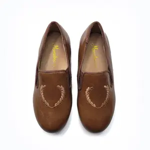 Mamelina Taupe Brown Leather Embroidered Smoking Slip On