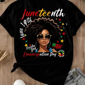 [100% Cotton] June 19th Juneteenth Freedom Day Emancipation Day Afro Woman With Flag And Stars Print T Shirt Crew Neck Casual Loose Fit For Everyday Wear And Outdoor Activities