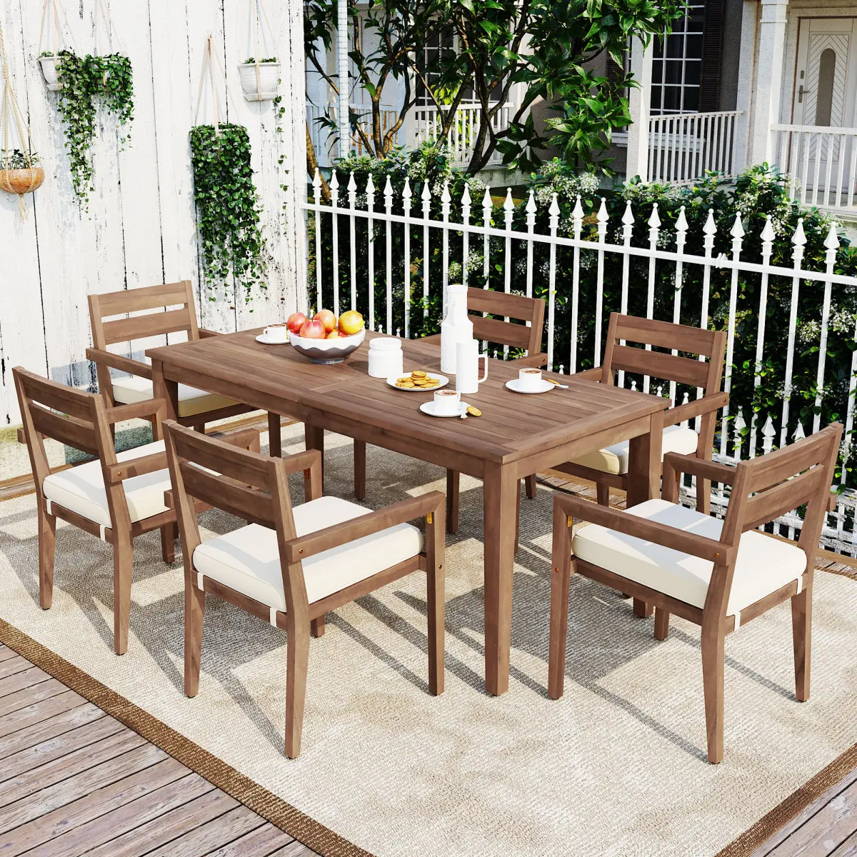 7-Pieces Acacia Wood Outdoor Dining Table Set, All-Weather Patio Conversation Dining Set, 70.9'' Dining Table with 6 Removable Cushion Chairs, Suitable for Patio Balcony Backyard (Burly Wood)