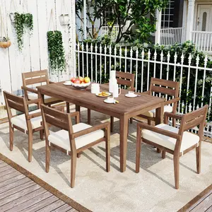 7-Pieces Acacia Wood Outdoor Dining Table Set, All-Weather Patio Conversation Dining Set, 70.9'' Dining Table with 6 Removable Cushion Chairs, Suitable for Patio Balcony Backyard (Burly Wood)