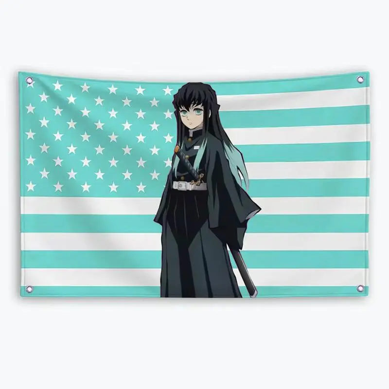 Demon Slayer Muichiro Tokito American Flag Cotton Tapestry, Durable Wall Decoration for Bedroom & Outdoor Use, Ideal for Anime Fans, Photo