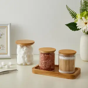 Set Of 3 Round Glass Jars with Bamboo Lids, 2 size, Glass Canisters with Airtight Lid, Glass Food Storage Containers for Pasta, Cereal, Coffee, Flour, Sugar, Best for Kitchen & Pantry Utensils, mother day gift Tin