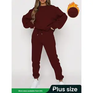 Plus Size Women’s Solid Color Fleece Crewneck Sweatshirt and Pants Set, Casual Thick Winter Loungewear for Fall & Winter