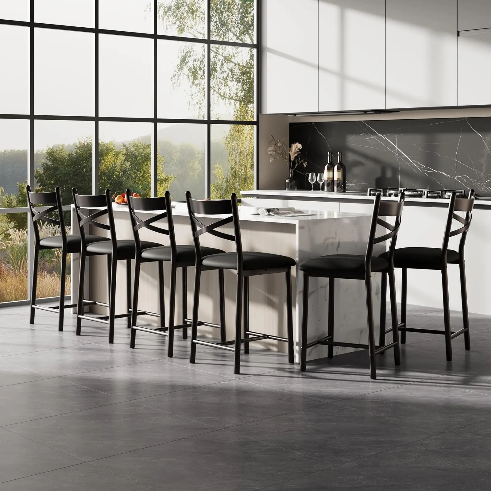 26" Counter Height Metal Frame Bar Stools Set of 6, Straight-Back Restaurant Dining Chairs with Thick PU Leather Waterproof Seat Cushion for Dining Room, Black
