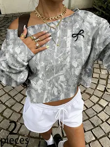 Women's 2 Piece Camo Print Matching Set, Trendy Off Shoulder Crop Top & Drawstring Shorts For Daily Streetwear