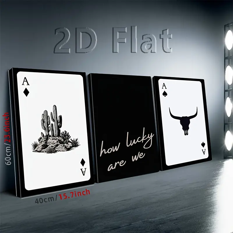 3-Piece Waterproof Western Cowboy Playing Card Wall Art Box Set - Glossy Hanging Canvas Prints, Longhorn Cow Skull & "How Lucky We Are" Poster, 2D Farmhouse Decor for Bedroom, Wardrobe, 4th Of July, Back to School, Military, Carnival, Thanksgiving, Indepe