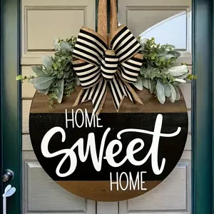 [Rustic Round Home Sweet Home Sign] Rustic Chic Wooden Welcome Sign - Round 'Home Sweet Home' Door Hanger with Striped Bow and Faux Greenery, Manufactured Wood, No Electricity Required