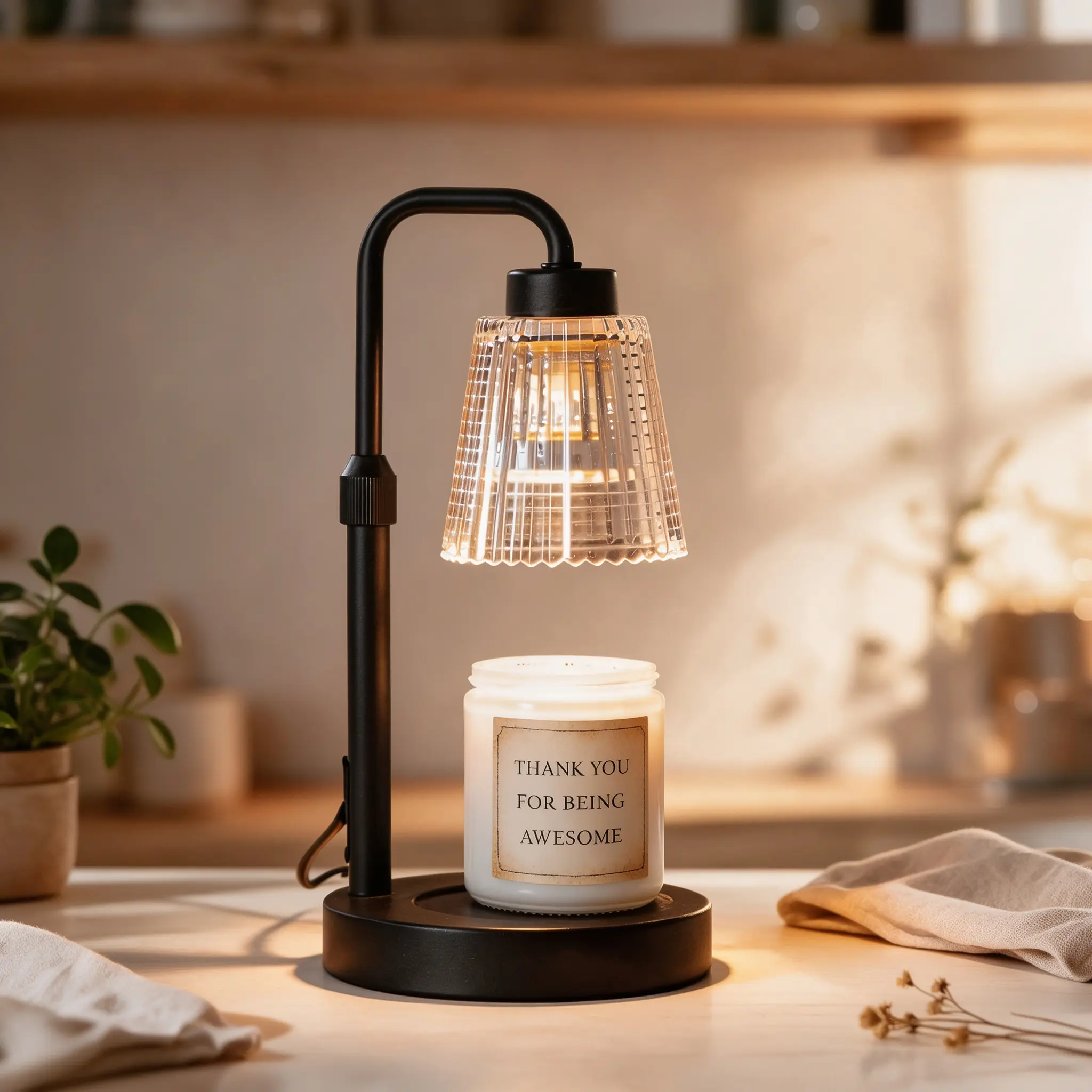 Premium Metal Timed Thermal Candle Warmer Lamp - 4-Level/Stepless Dimming, Height-Adjustable Transparent Glass Holder, Fits Most Sizes, Minimalist Home Decoration Ornaments, Cozy Glow Light, Mother’s Day Gift, 2 Replacement Bulbs, Home Accessory