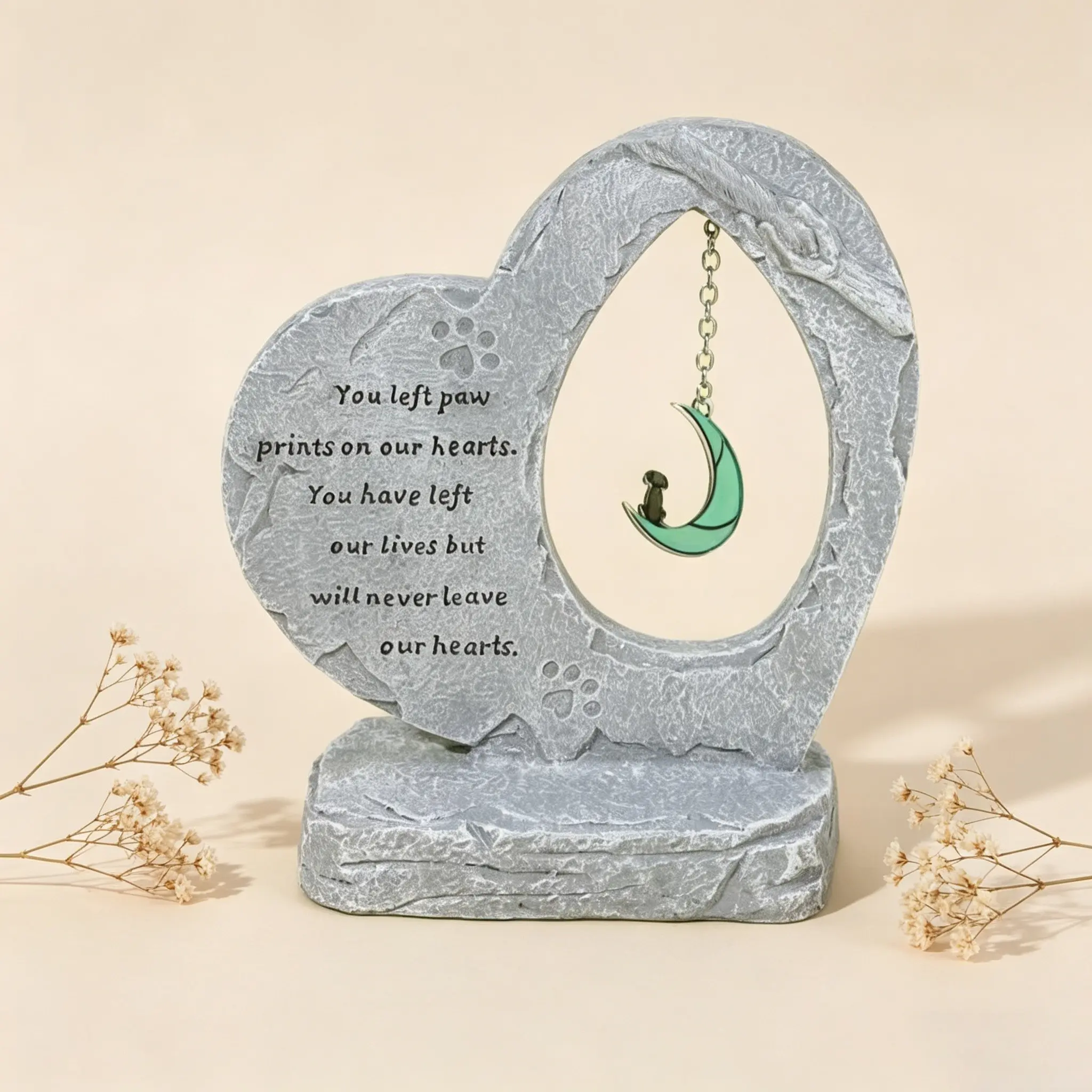Pet Memorial Stone, Heart-Shaped Dog Grave Marker with Moon Pendant, Ideal Pet Loss Tribute Gift, Suitable for Outdoor Garden Backyard