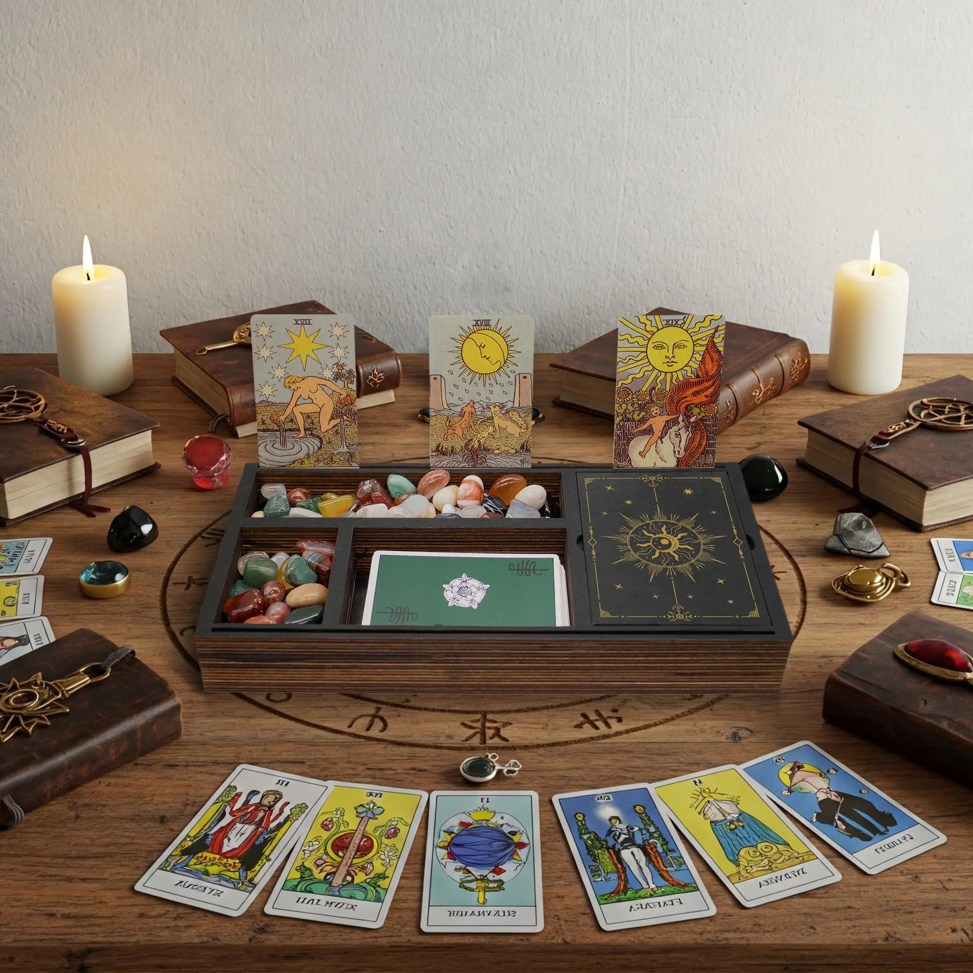 FNYDOX Wooden Crystal Tray with Tarcot Card Holder, Wiccan Supplies and Tools Witchcraft Altar Supplies Pegan Tarot Decor Witchy Gifts Meditation Accessories Witch Stuff Astrology Decor for Women(YXTY9)