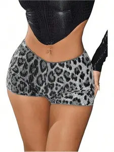 Women's Casual Fashion Low Waist Slim Fit Elastic Leopard Mini Shorts, Sequin Design, Perfect for Daily Wear and Stylish