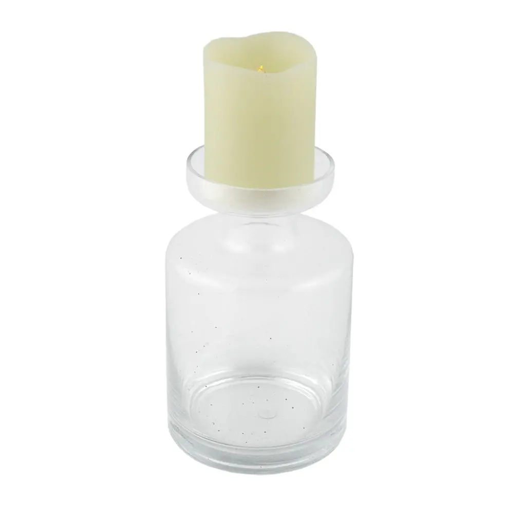 360 Stand 8 in. Glass Pillar Candle Holder, Ivory Candle Included, Modern Decorative Fillable Base Room Centerpiece, Home Decor Home Supplies Gift Idea, Gifts, Hollow Pillar Holders, Wedding, Flameless Candle Candleholder