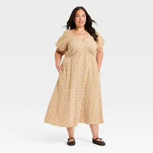 Women's Puff Short Sleeve Midi Sundress - Universal Thread Tan Floral XXL