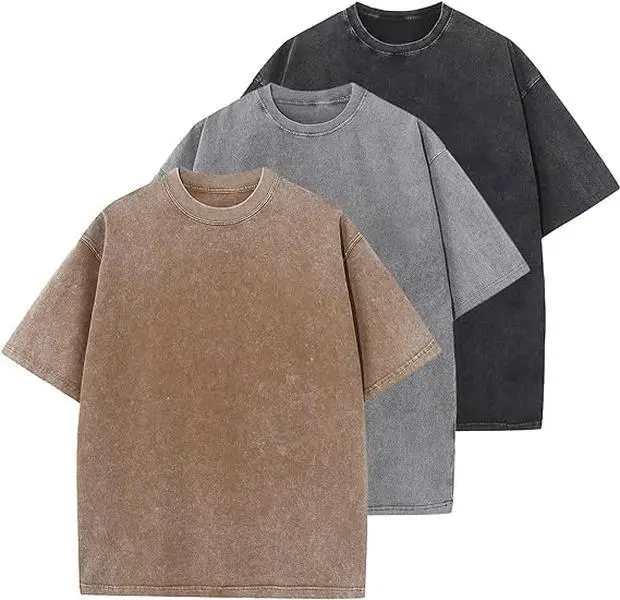 Holafish Men's Acid Washed Cotton T-Shirts Oversized Half Short Sleeves Casual Loose Solid Streetwear Tops,Men's Retro Street T-Shirts Crew Neck Top
