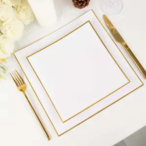 10-Pack Plastic Square Dessert Plates 8" White Concave Style with Gold Rim - Modern Disposable Salad Appetizer Party Plates for Formal Dinners & Banquets