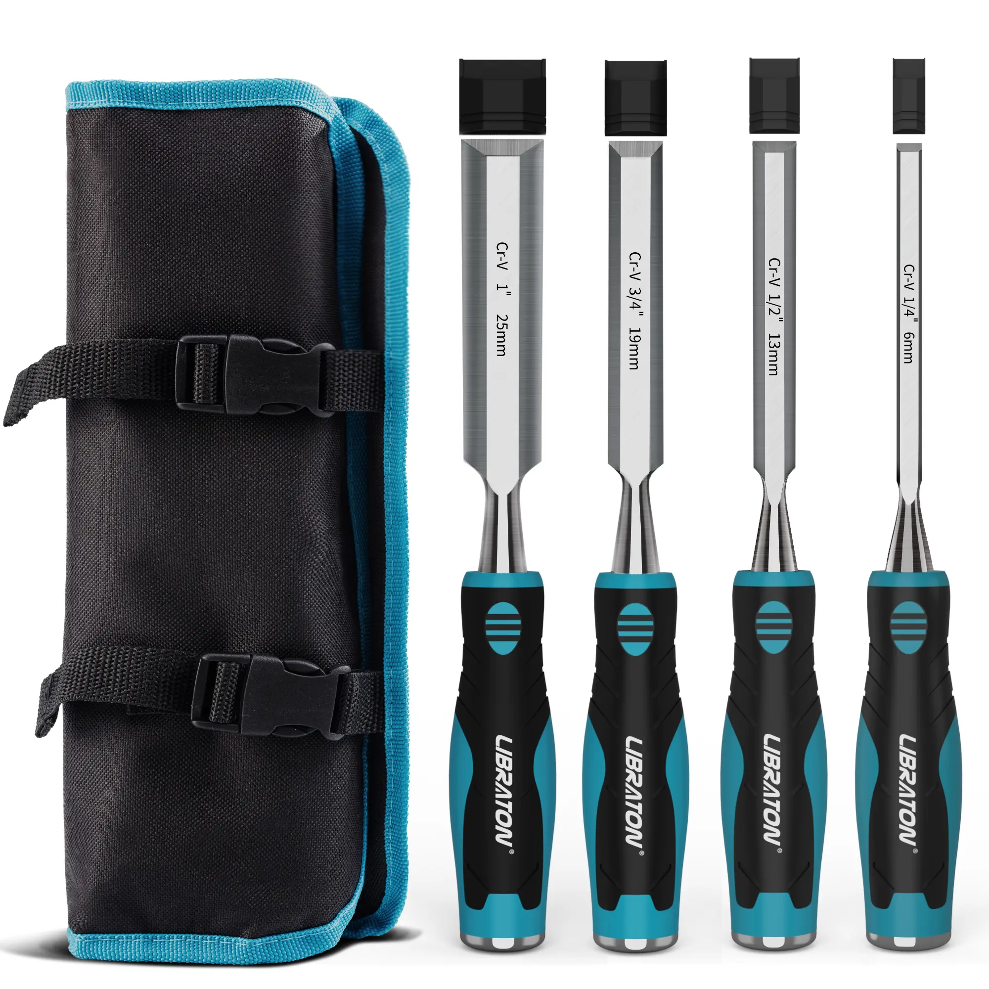 Chisel Set, Wood Chisel Set, Wood Chisel Tool Set for Woodworking, Wood Chisels, Chrome Vanadium Steel Chisel with Storage Pouch, 1/4"(6mm), 1/2"(13mm), 3/4"(19mm), 1"(25mm)