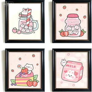 Anime Rabbit Wall Decor for Dining Room - Pink Cute Kitchen Poster Prints - Strawberry Aesthetic Wall Art for Teen Girl Bedroom - Kawaii Nursery Decoration - Apartment Pictures Prints