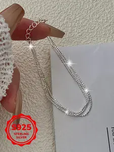 Women's S925 Silver Color Layered Beaded Bracelet, Korean Trendy Fashion Jewelry, Perfect Gift for Best Friends & Sisters, Adjustable Link Bracelet