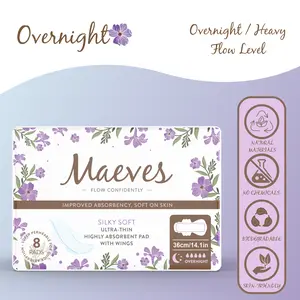 Maeves Overnight Pads + wings | 8ct, 16ct, 24ct, 32ct | Ultra-Thin, Organic, Renewable Fibres, Silky Smooth, Chemical Free, Protects Body & Skin