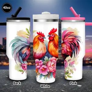1 pc 40 oz Rooster & Floral Art Tumbler with lid and straw, winter insulated travel mug, gift for women and men, ideal for Valentine’s Day, Easter, birthday gifts, iced/hot coffee cup