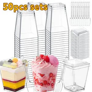 Premium 5oz Square Clear Dessert Cups Set 50pcs Sets Disposable Plastic Serving Cups With Lids And Spoons Ideal For Party Wedding Fruit Pudding Mousse Yogurt Appetizer Snack Containers