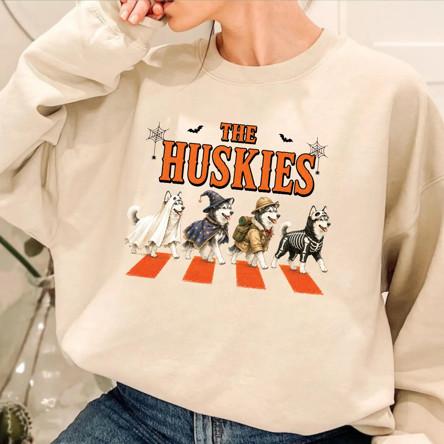 Women's Husky Halloween Crewneck Sweatshirt - Polyester-Spandex, Casual Everyday Style, Funny Dog Costume Pullover, Spooky Fall Graphic, Cozy Autumn Gift for Pet Lovers
