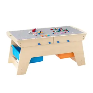 Reversible Wooden Toddler Activity Table, Multi-Purpose Play Table with 200 Building Bricks, 3 Storage Bins, Large Organizing Space, Gift for Kids 3+ Years, Natural, Organize