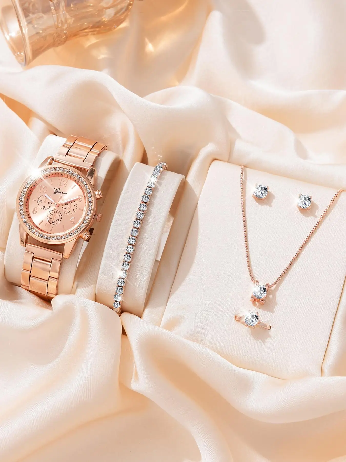 Women's Fashion Elegant Rose Golden Rhinestone Decorated Round Dial Digital Hands Quartz Watch, and Bracelet Ring Necklace Earrings Jewelry Accessorie